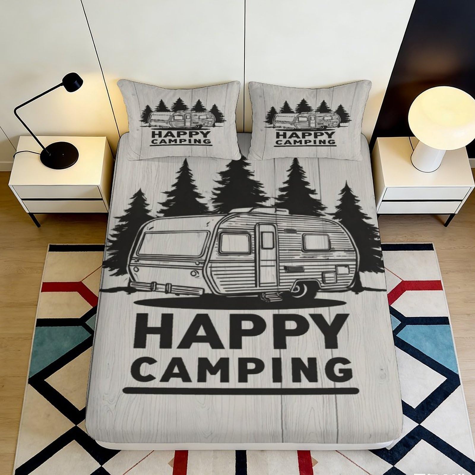 3D Printed Camper Forest Fitted Sheet Microfiber Anti-Slip Bed Cover Happy Camping Bedroom Decor Machine Washable 90x200x25cm