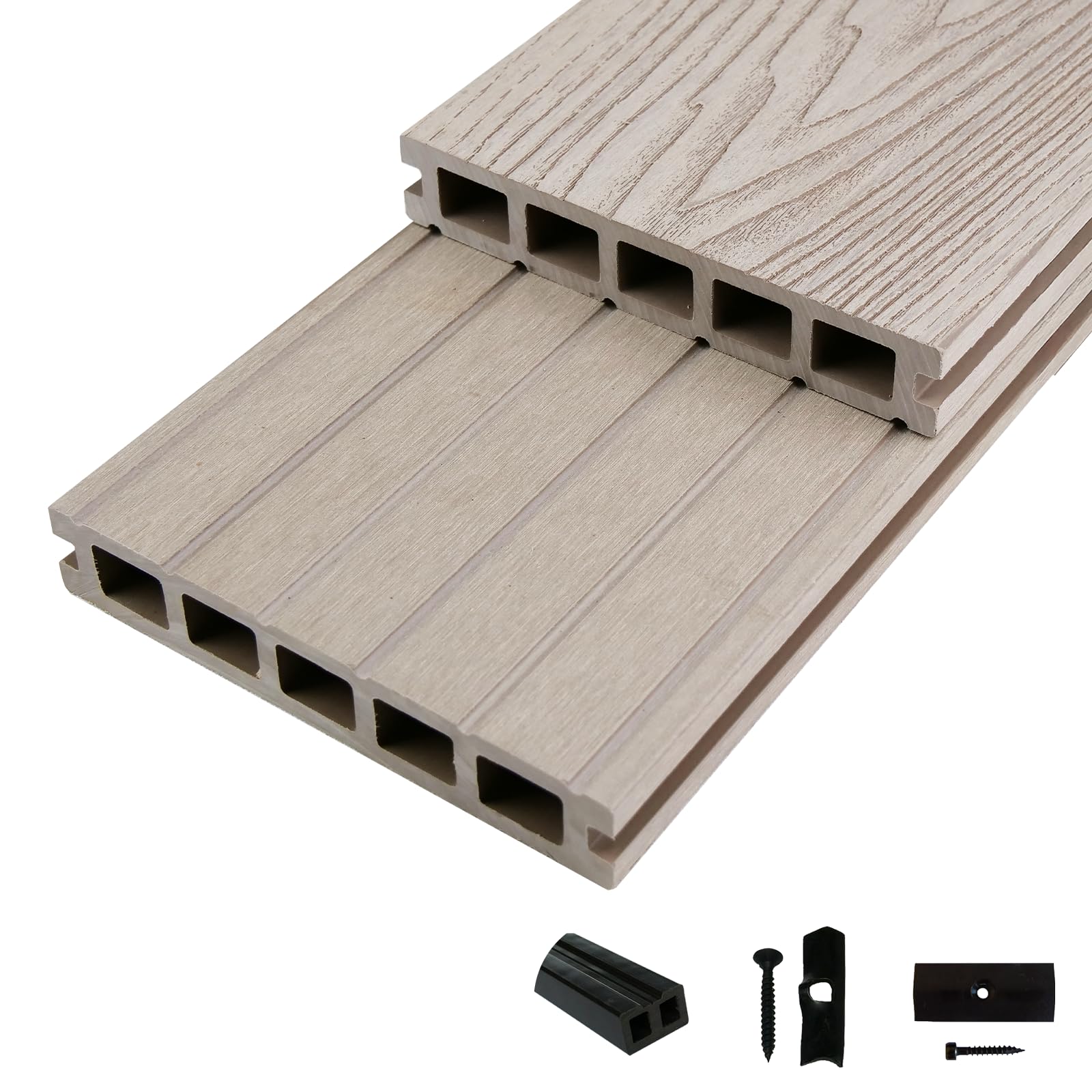 WoodoMykonos Komplettset 2,4 m - Grau - Terrassendiele - 5-Kammer System - Rutsch- & Wetterfest - Breite: 145 mm, Stärke: 25 mm - 5 m²