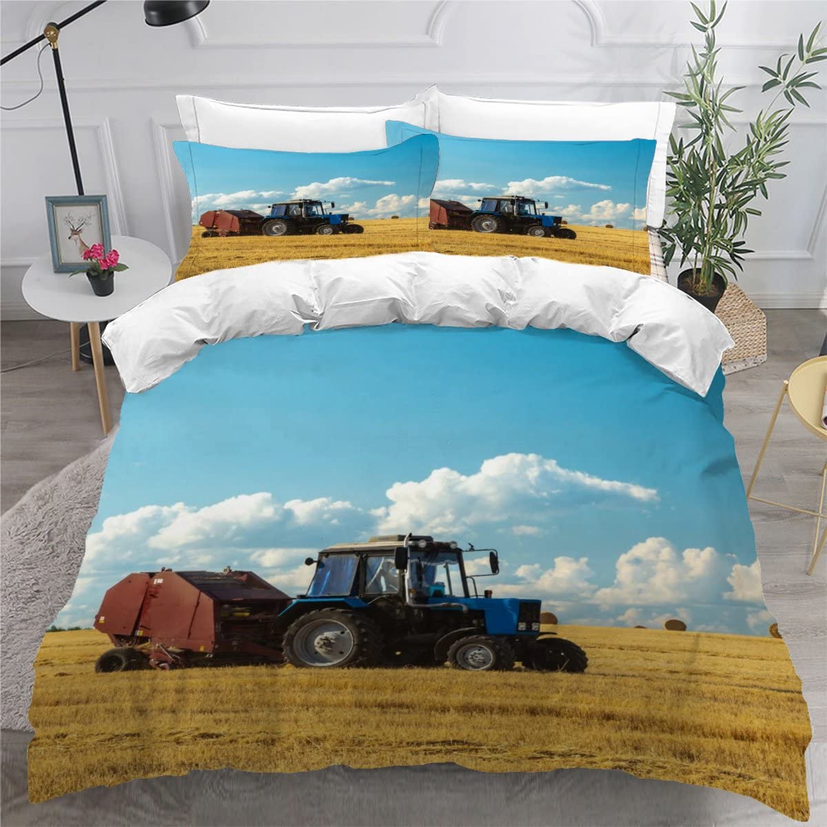 Luoru Girls L132 Farmland Tractor Duvet Cover Combine Harvester Boys Microfiber Bedding Set Double Farm Tractor Wheat Field Harvester Quilt Cover Truck Car Bedding Set + Pillow Cases 2 Pack