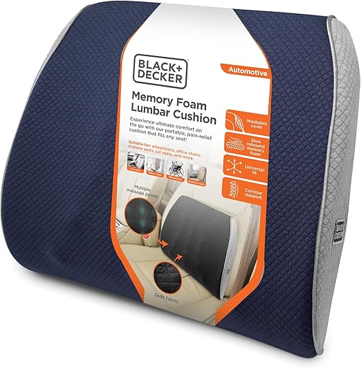 BLACK+DECKER Memory Foam Lumbar Support Pillow Lumbar Cushion with Multiple Massage Points for Office, Car, Wheelchair & Airplane Ergonomic, Pain Relief, Adjustable Strap, Washable Cover, Lt Blue/Grey