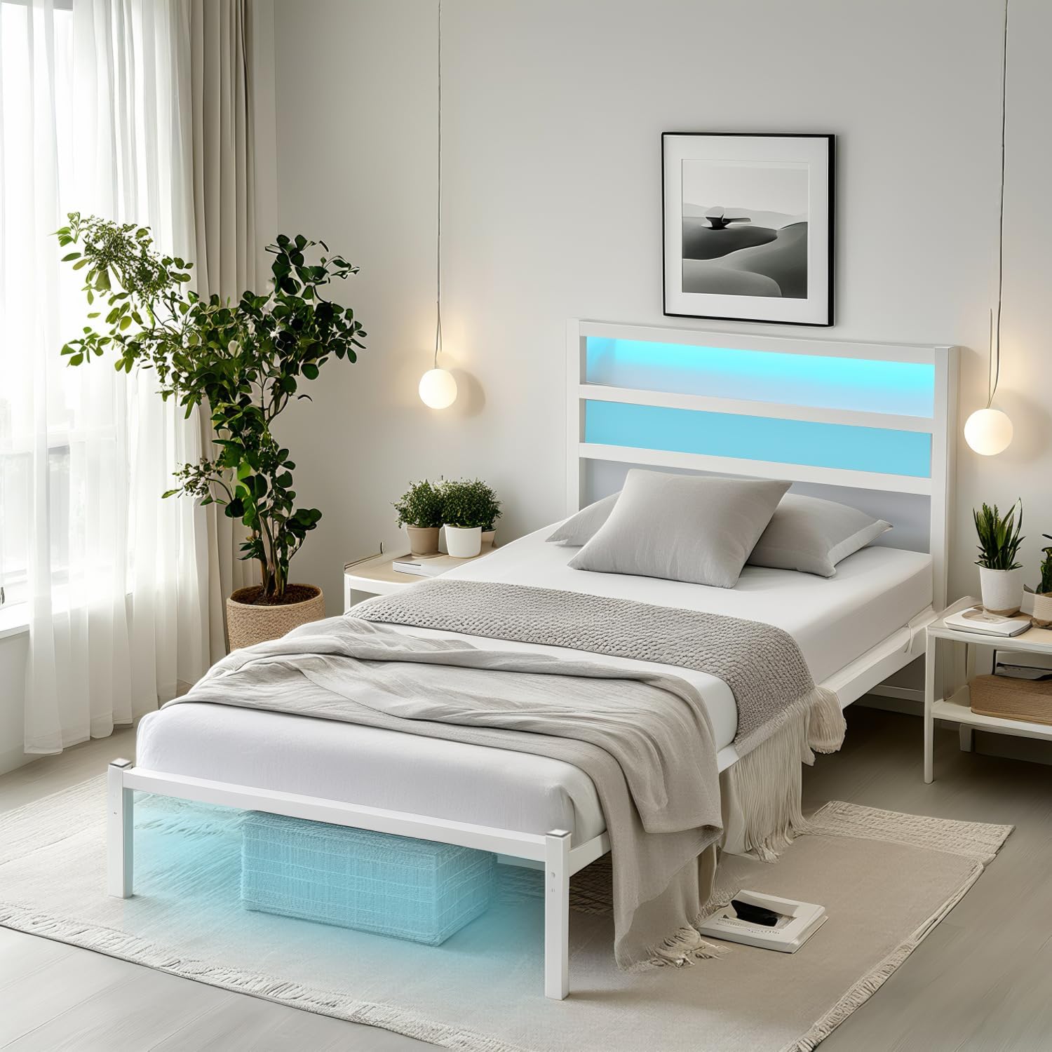 Twin Bed Frame with Headboard,Heavy Duty Steel Slats Support-LED Bed Frame with USB Charging Station,Mattress Foundation-Under Bed Storage,No Box Spring Needed,Noise Free,White Twin White