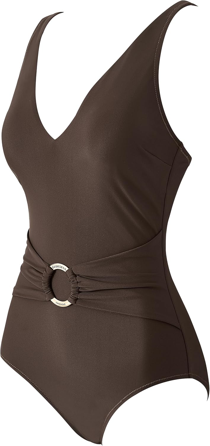 SUUKSESS Women Retro One Piece Swimsuit Metal Tummy Control V Neck Bathing Suit - Image 3