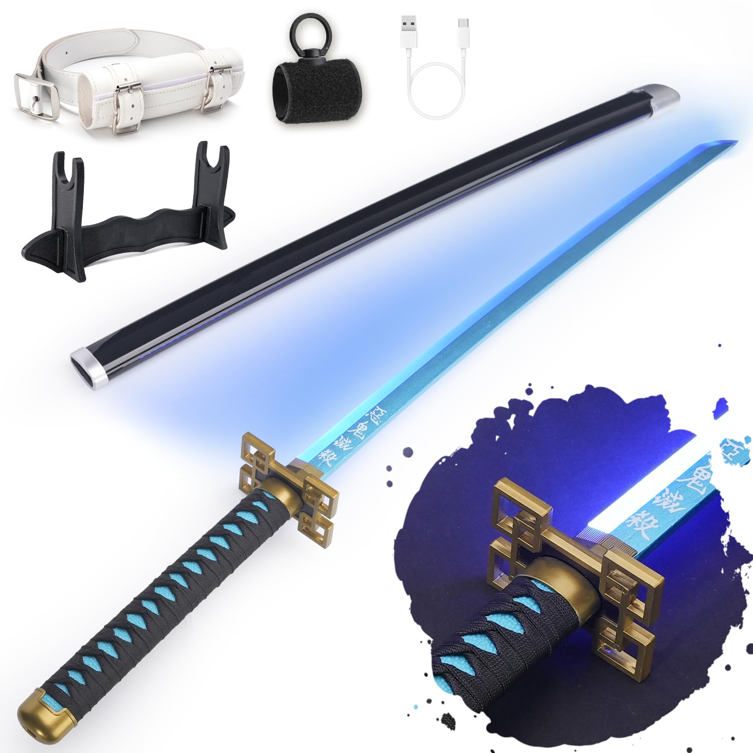 RENGENG Light Up Sword, 40 Inches Rechargeable Plastic Anime Replica with Belt & Stand, Original Texture Anime Sword