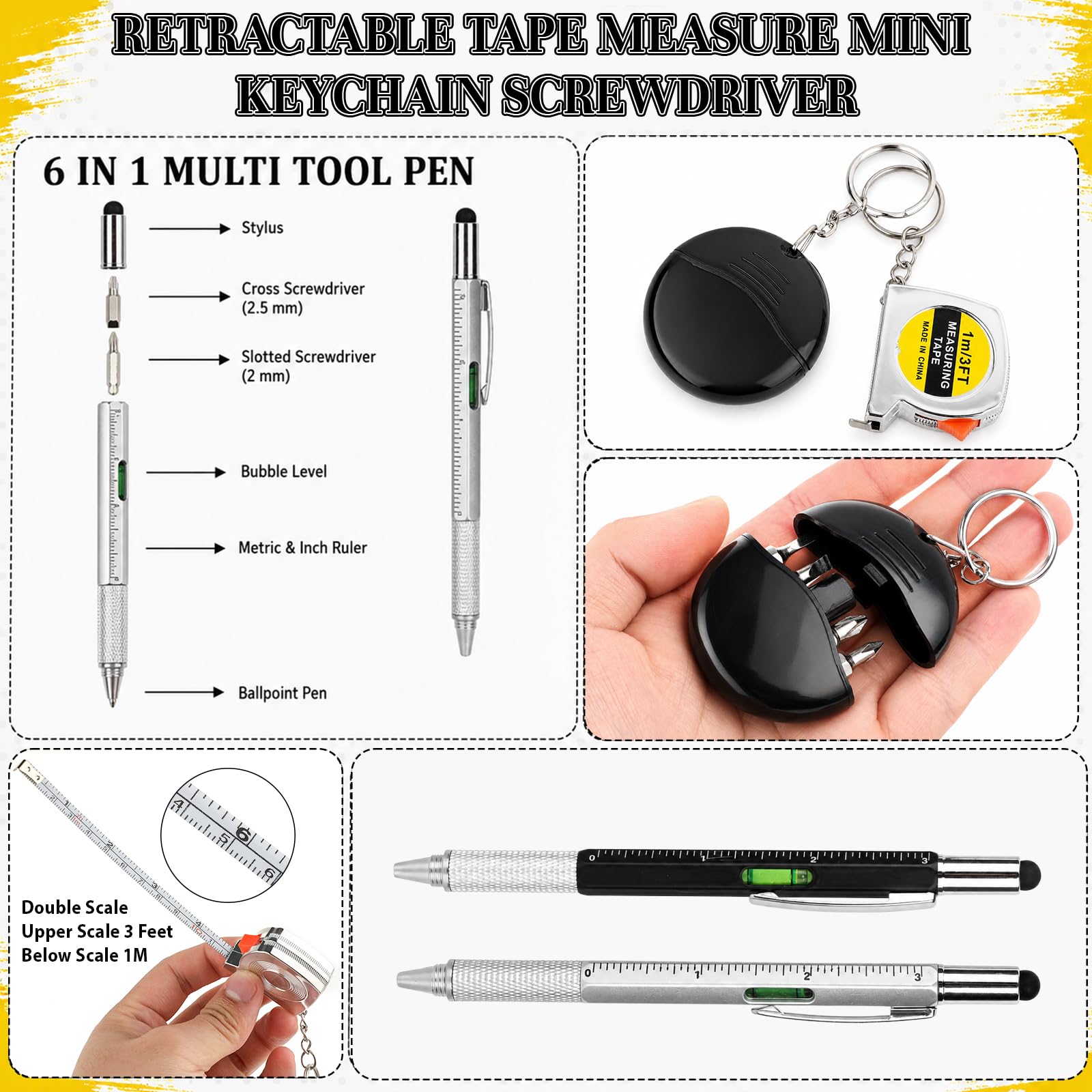 36-teiliges Mini-Maßband-Set, 144-teilig, Schlüsselanhänger-Set, Großpackung, kleines Multitool mit Werkzeugstiften, Überlebens-Kreditkarten für Vatertag, Erwachsene, Männer, Werkzeug, Party-Geschenke