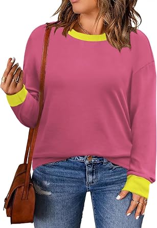 DOLNINE Womens-Plus-Size-Sweatshirts Color Block Long Sleeve Tops Fall Casual Crewneck Shirts Trendy Loose Fit Tunics XL-5XL