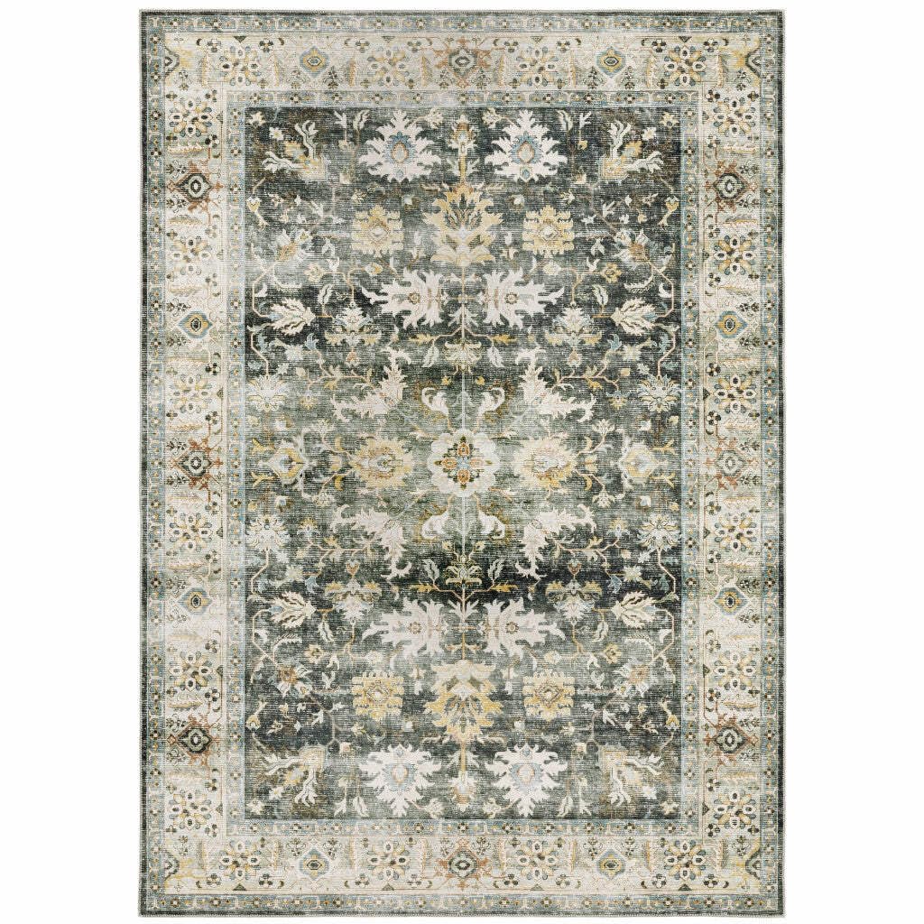 HomeRoots 510404 5 x 7 ft. Gray Charcoal Gold Brown Ivory Pale Sage & Light Blue Oriental Printed Stain Resistant Non Skid Rectangle Area Rug