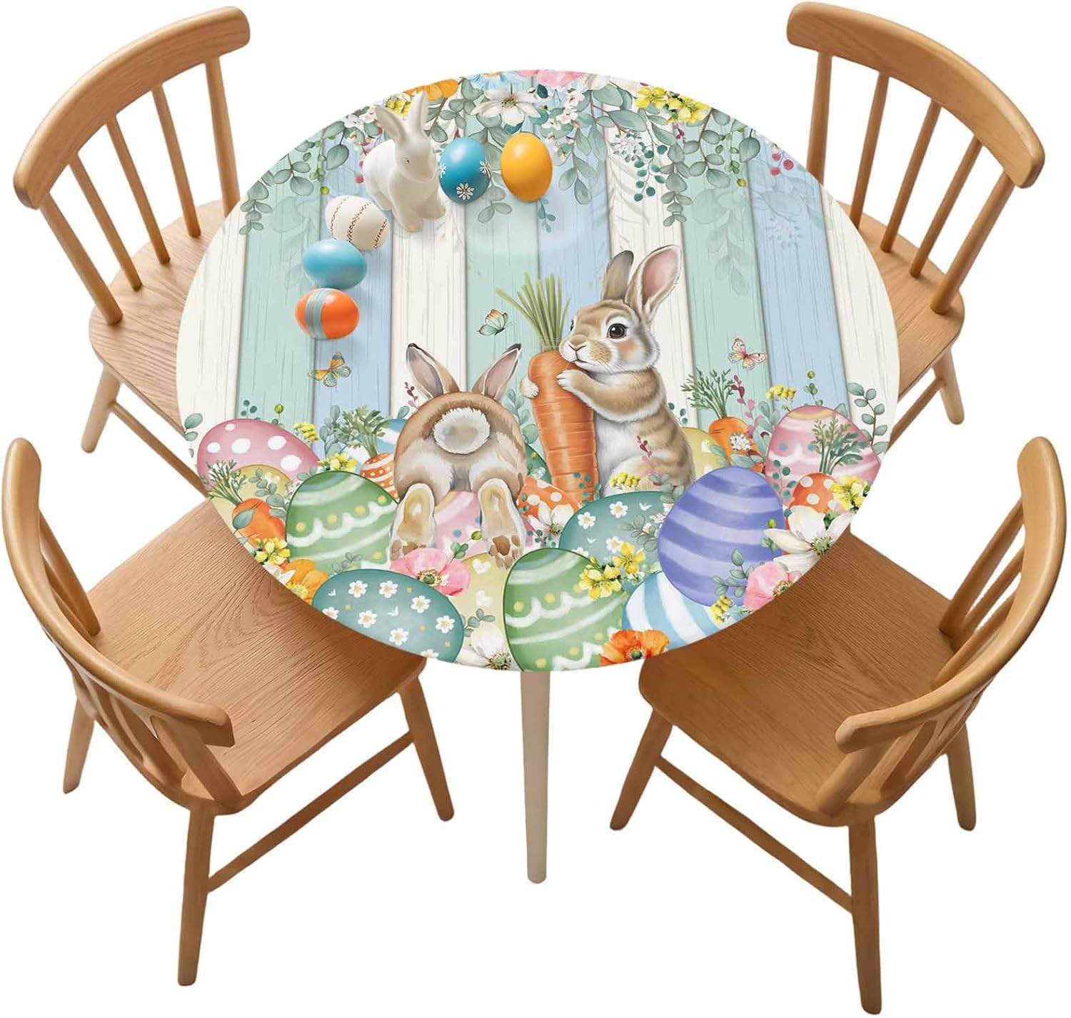 Bunny Easter Round Fitted Tablecloth with Elastic Edge, Cute Rabbit Carrot Colorful Eggs Eucalyptus Leaves Wood Grain Waterproof Oil Proof Table Cover for Party Picnic Fits 55"-60" Round Tables
