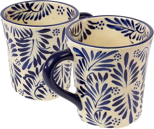 Global Crafts Encantada - Tazas de cerámica mexicana auténticas pintadas a mano (2 unidades, azul plumeado)
