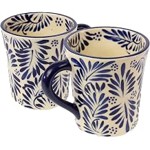 Global Crafts Mexican Pottery Mugs - Handmade Ceramic Mugs 2-Pack - Hand-Painted Blue Plumeado