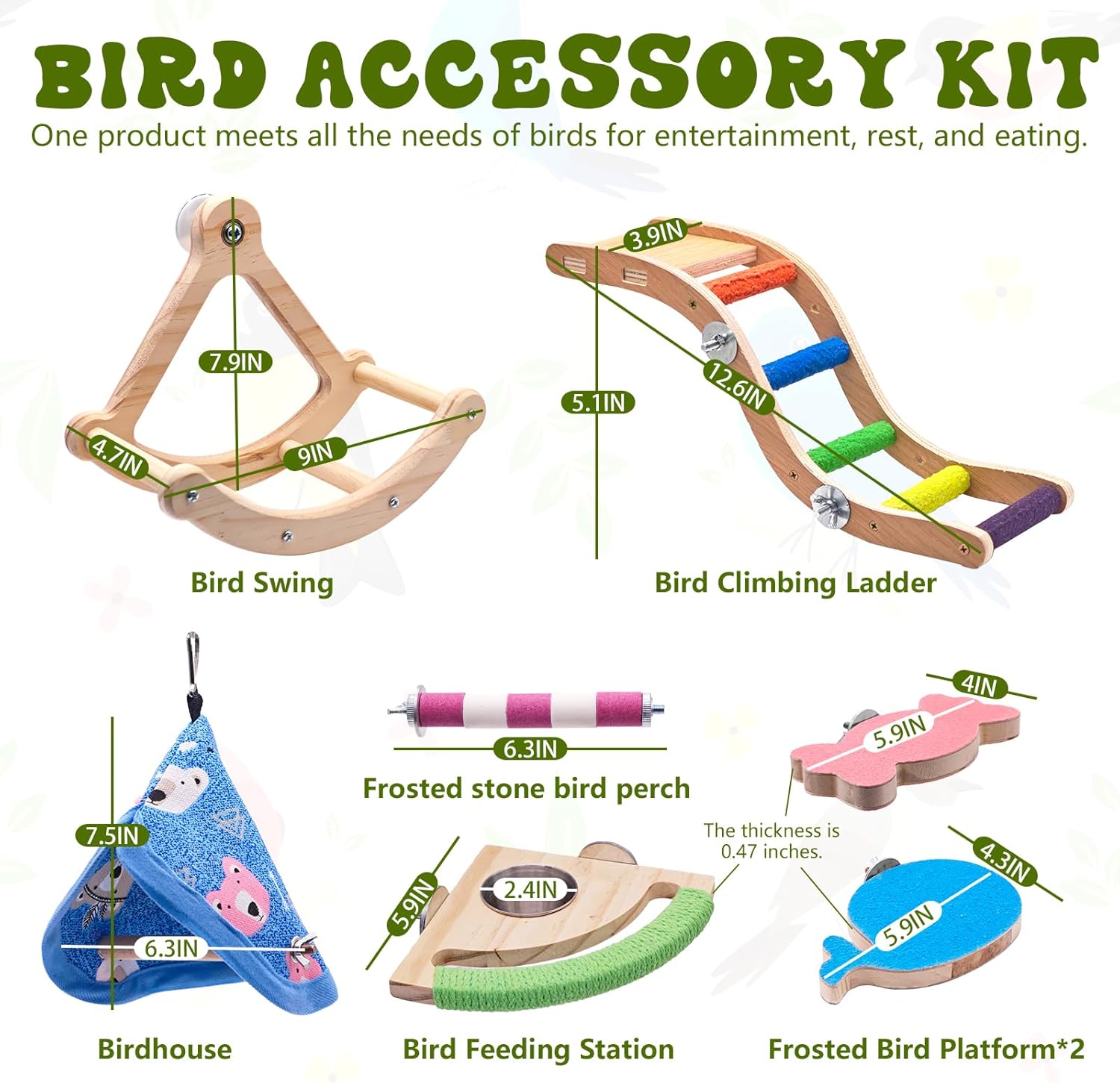 8 PCS Bird Perch Set is Suitable for Small to Medium-Sized Birds, Such as Cockatiels. It's a Cartoon-Style Bird Toy Set That Includes a Climbing Ladder and a Swing.