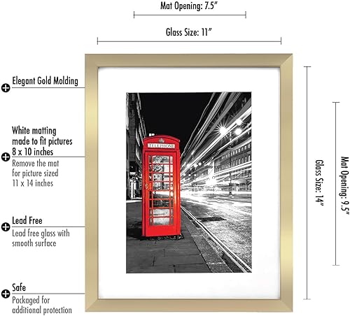 Miniatura 2 de Americanflat - Portarretratos de color dorado de 11 x 14pulgadas con vidrio inastillable, para fotos de 8 x 10pulgadas con paspartú y fotos de 11 x