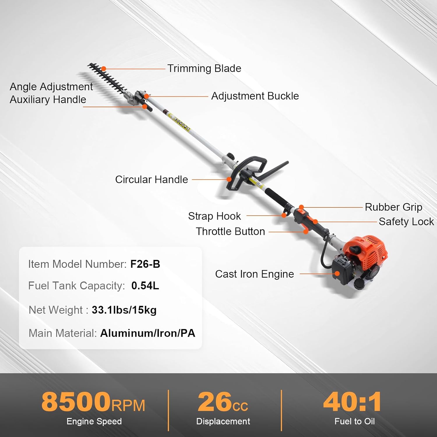 VEVOR 5-in-1 26cc 2 Cycle Gas Powered Dual Sided Hedge Trimmer, Weed Eater, String Trimmer, Edger, Pole Saw Chainsaw Pruner with EPA, CE and EMC Certification