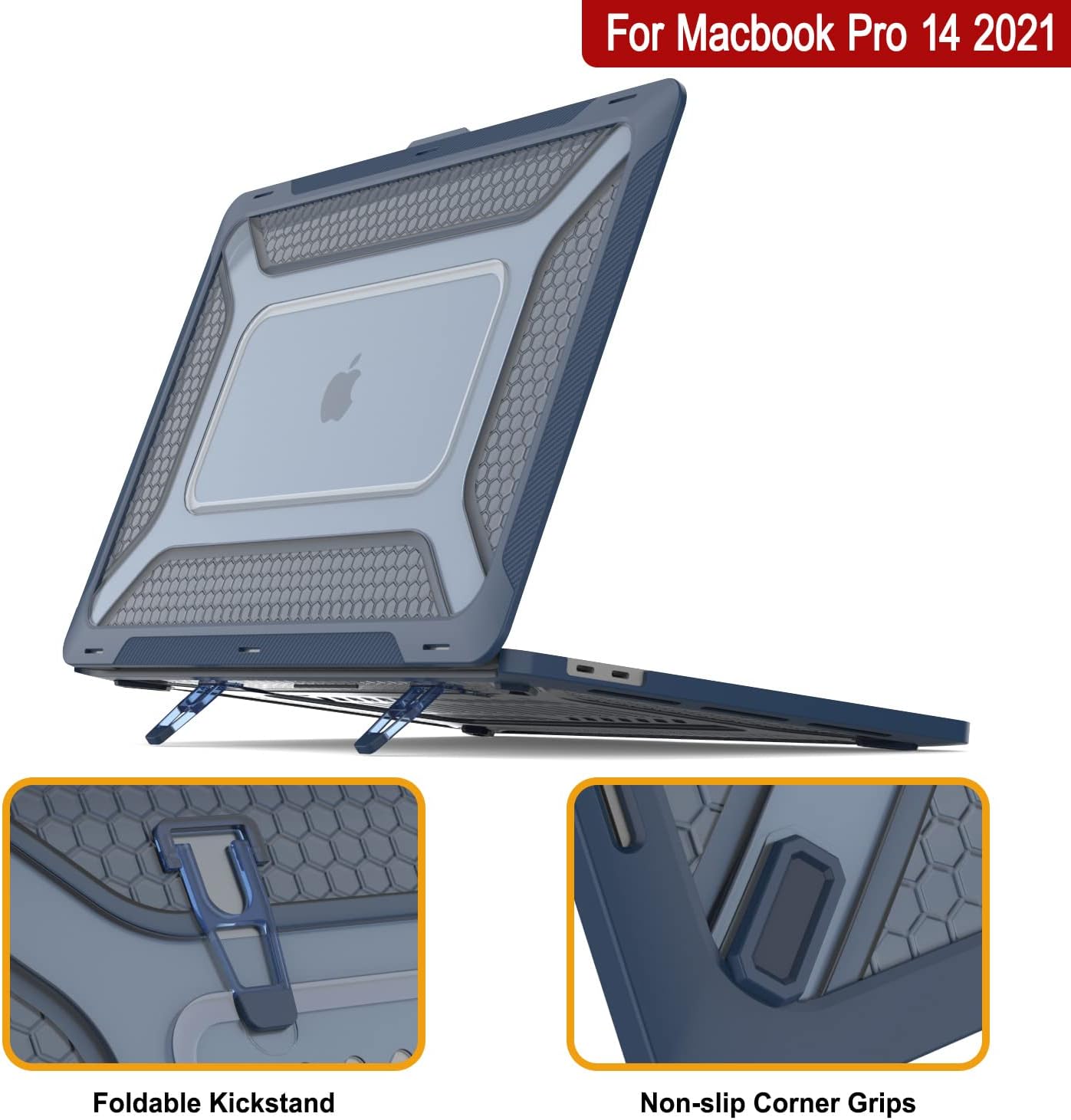 Punkcase for MacBook Pro 14 Case Hard Shell Cover | Clear Military Heavy Duty Rugged Sleeve with Kickstand | Ultimate Protection for MacBook Pro 14 Model A2442 (2021 Release) [Dark Blue]