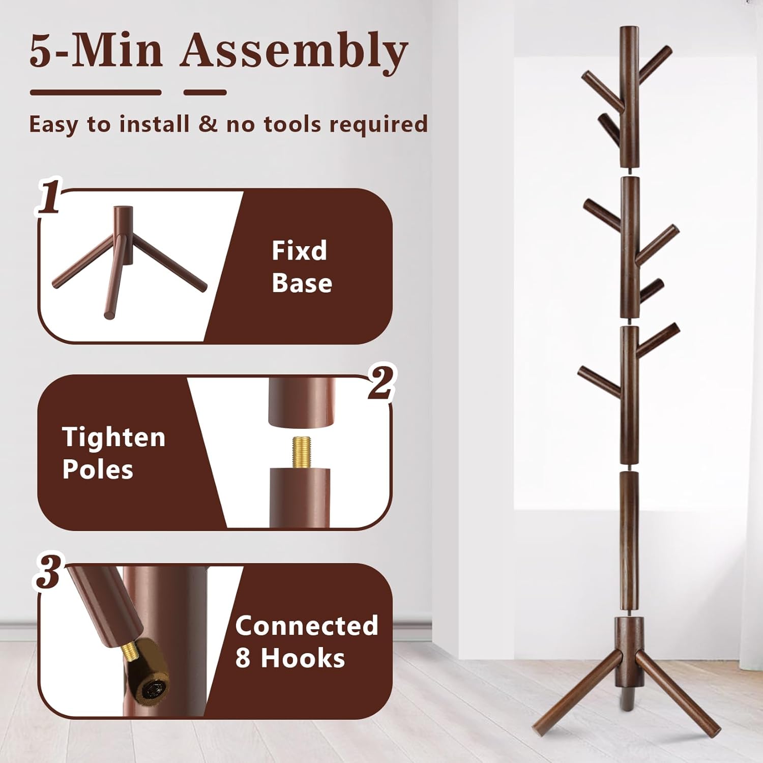 Wooden Coat Rack Freestanding with 8 Hooks,Easy Assembly New Zealand Pine Tree Coat Racks, 3 Adjustable Sizes for Clothes, Hats, Bags, for Entryway, Hallway, Bedroom, Office (Brown, 2 PCS)