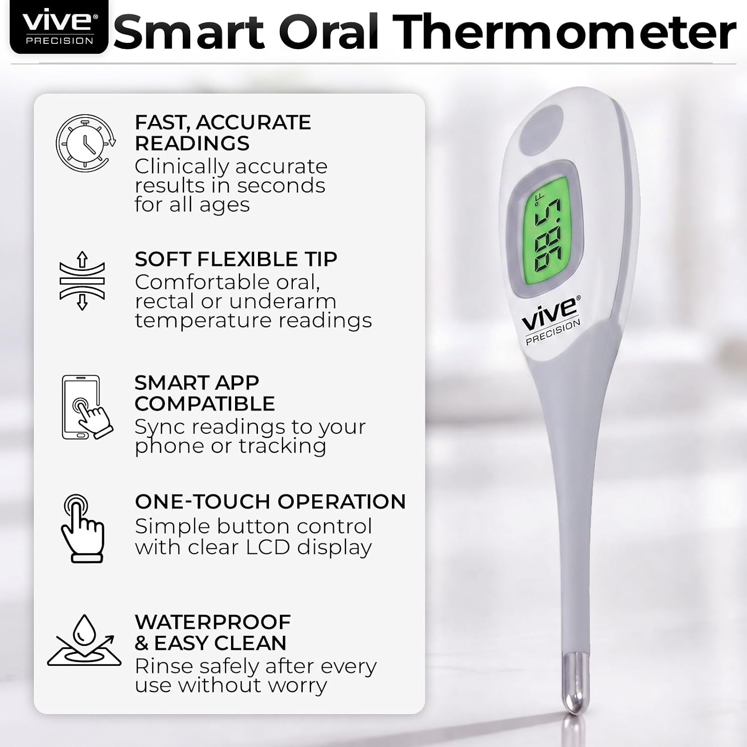 Vive Precision Smart Oral Thermometer – Approved Medical Grade Body Temperature Reader for Adults, Babies – Digital Fever Monitor with App for Home Use, Under the Tongue, Armpit & Rectal