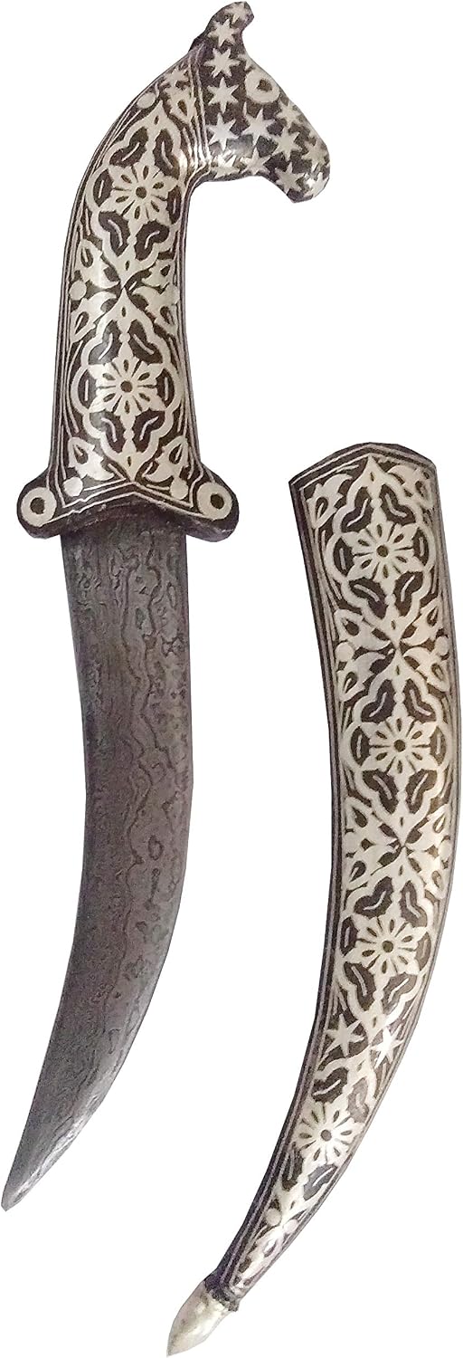 Purpledip Decorative Mini-Sword for Ceremonial Or Ornamental Use: Horse Hilt, Damascus Steel Blade, Silver Wire Koftgiri Craft Scabbard, 10 inches (A20009)