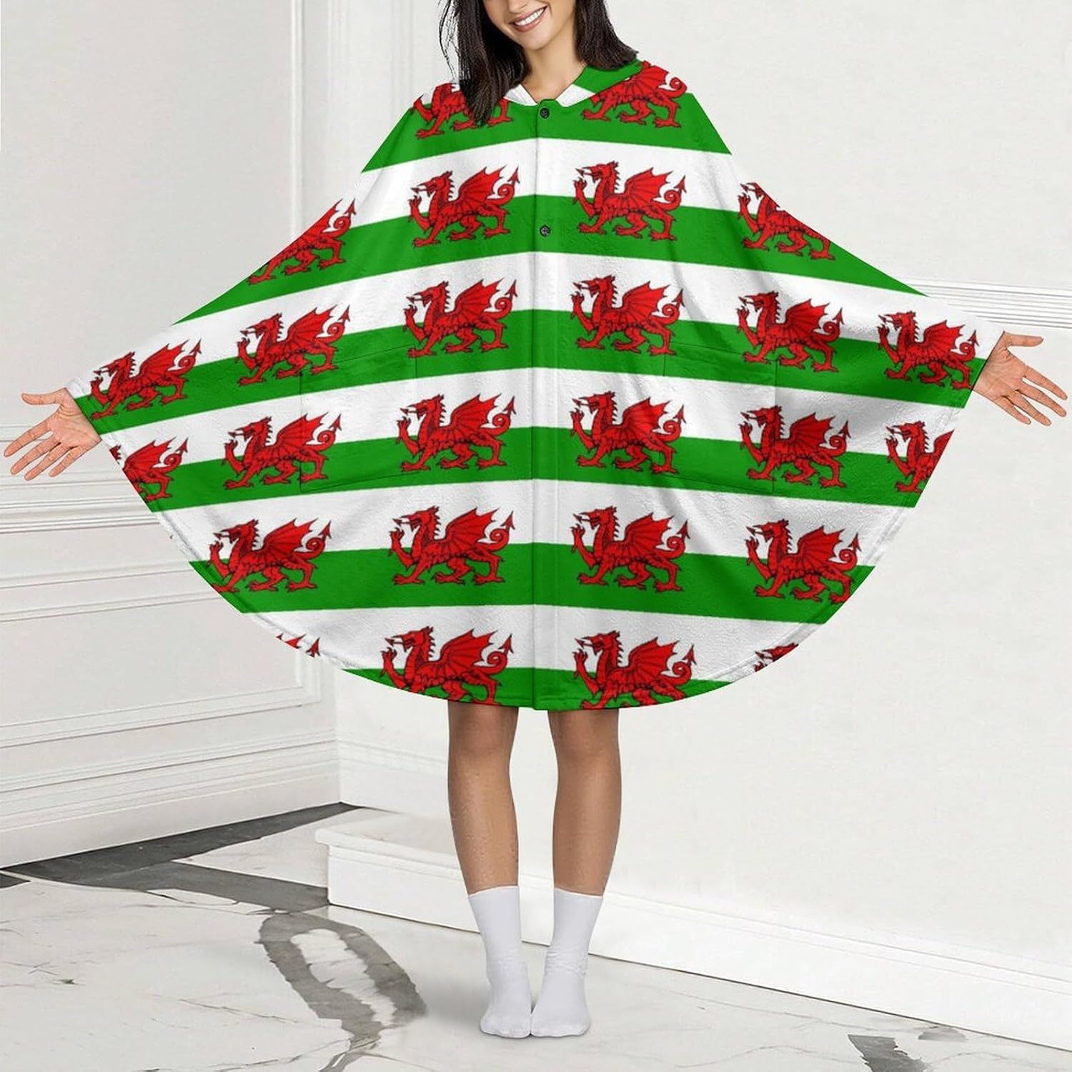 Welsh Dragon Flags Wearable Blanket with Hooded Flannel Blankets Cape with Pocket