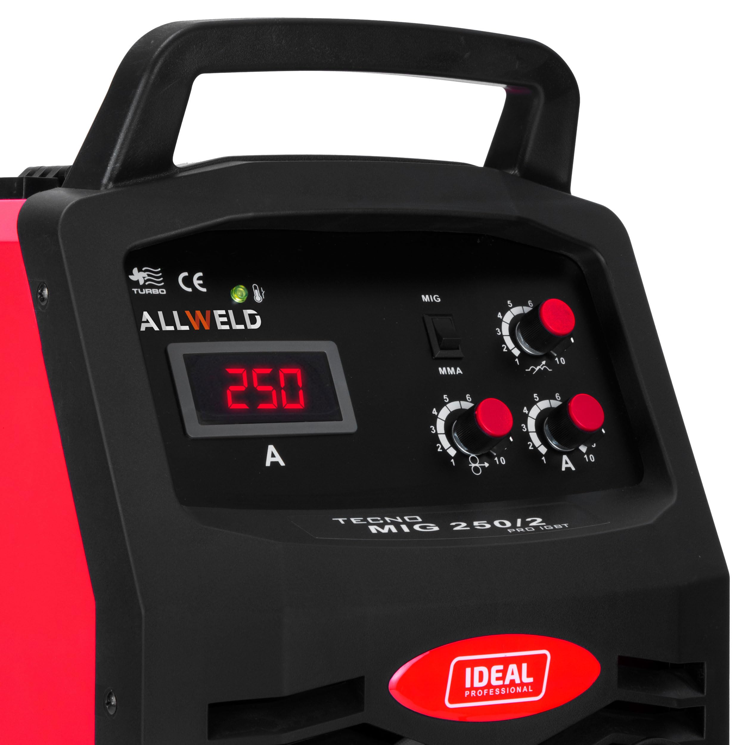 Ideal Tecno MIG 250/2 Spawarka MIG z wielofunkcyjnym i wytrzymałym gazem 250 A 230 V 400 V z wózkiem - gaz obojętny, drut rdzeniowy, MMA i spawanie - szpula drutu 15kg