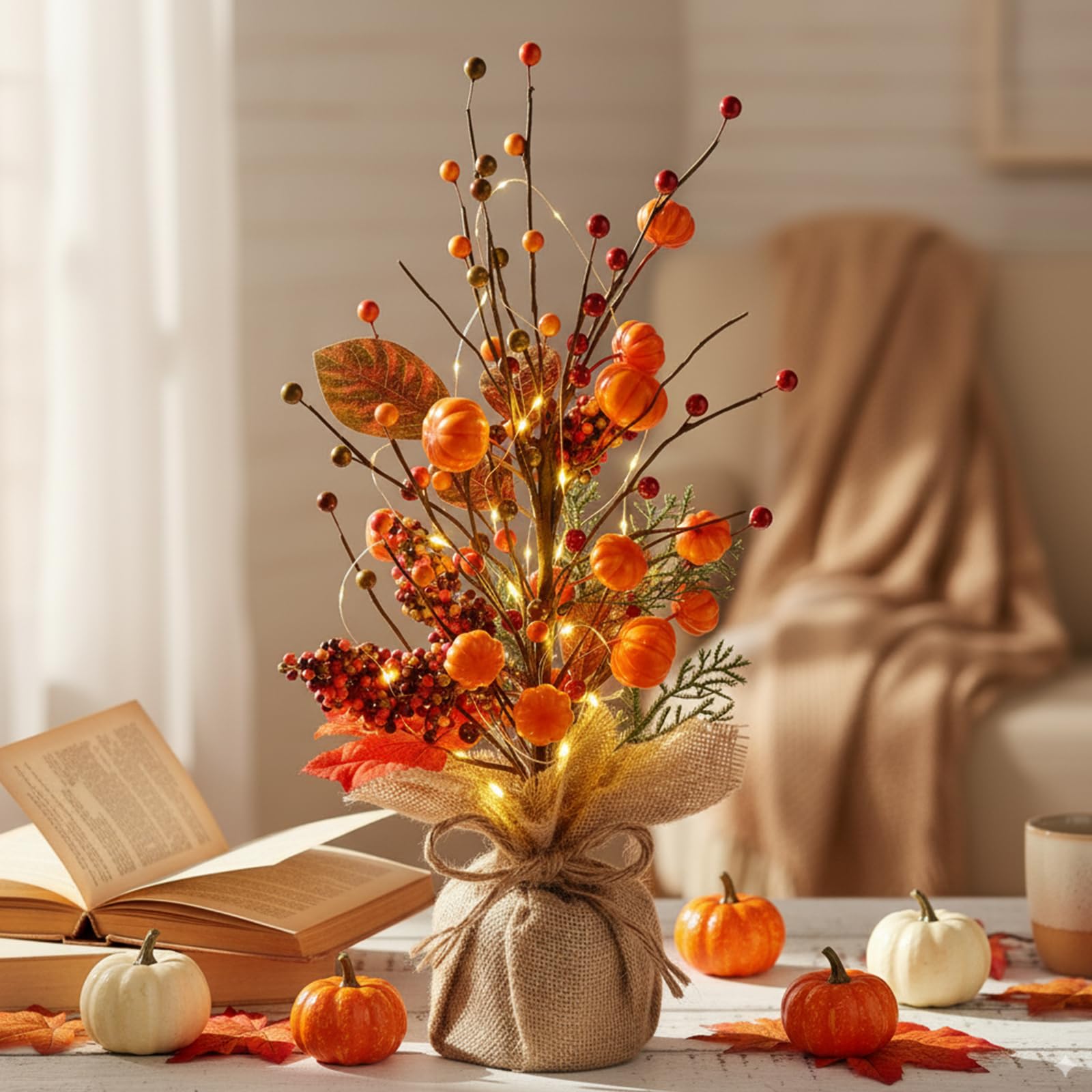 Pinkunn Fall Thanksgiving Centerpieces for Tables Decorations 16 Inch Lighted Fall Tree Tabletop with Artificial Pumpkins Berries Leaves Burlap Base Autumn Decor for Home Indoor Office Desk Party