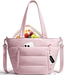 Bagstellar Lunch Box for Women Puffy Insulated Lunch Bag Tote Cooler Bag | Lightweight Quilted Puffer Tote Bag Cute Reusable Soft Cooler w/ 7 Pockets & Strap for Work Travel Picnic, 12 Quart / 15 Can