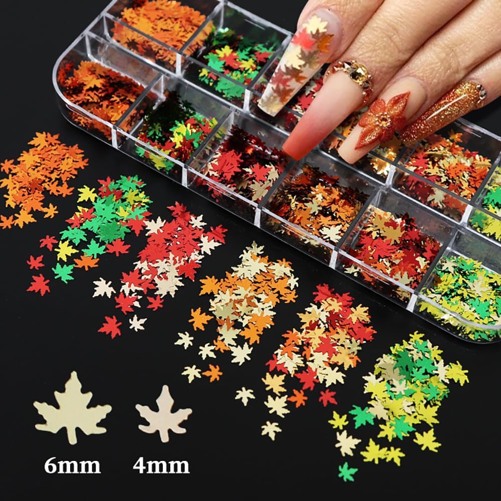 3D Maple Leaves Nail Glitter Sequins Fall Nail Decals Holographic Glitter Design Autumn Maple Leaf Nail Glitter Flakes for Women Girls Gifts Nail Decorations DIY Manicure Accessories