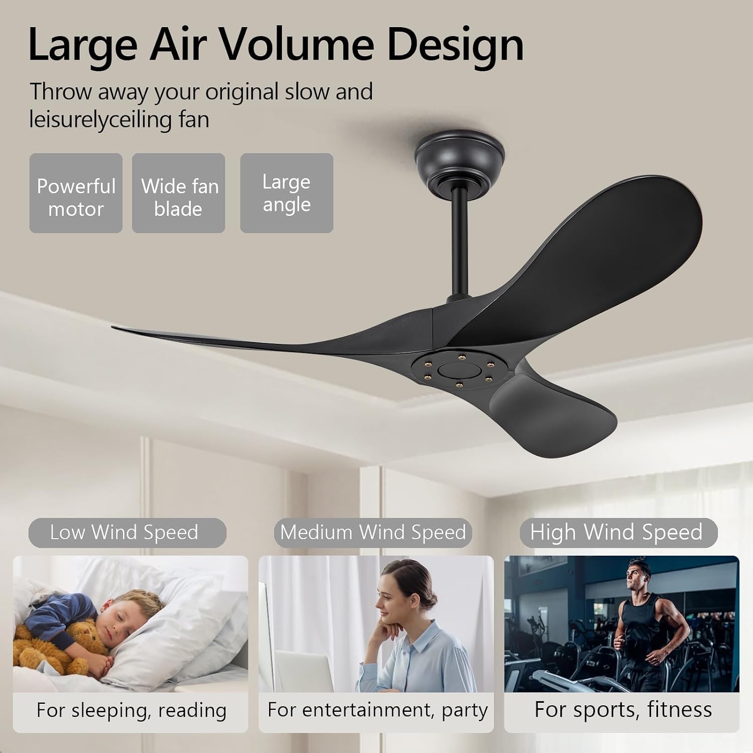 KBZZ 42 Inch Black Ceiling Fans without Lights,6 Speeds,Reversible Silent DC Motor,3 ABS Blades,Modern Ceiling Fan no Light with Remote for Indoor Outdoor Farmhouse Office Patio