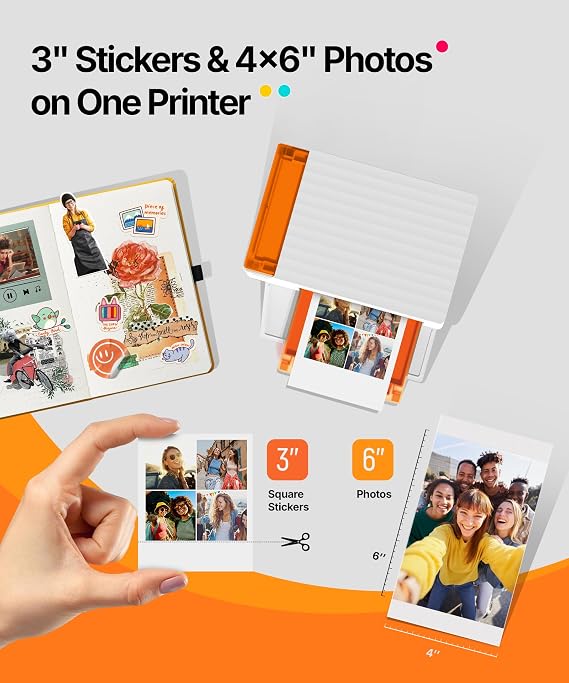 Liene Amber M110 Bluetooth Photo Printer 80 Sheets, Portable Photo Printer for iPhone, Thermal Dye Sublimation, Picture Printer 60 Sheets 4x6 Paper & 20 Sheets 3 Square Sticker Paper & 2 Cartridges