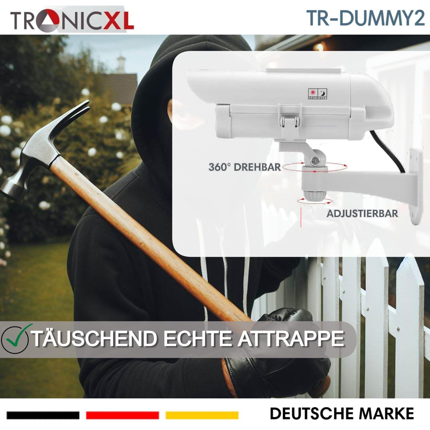 TronicXL Telecamera di sorveglianza solare di alta qualità, CCTV con LED lampeggiante, CCD professionale, per interni ed esterni