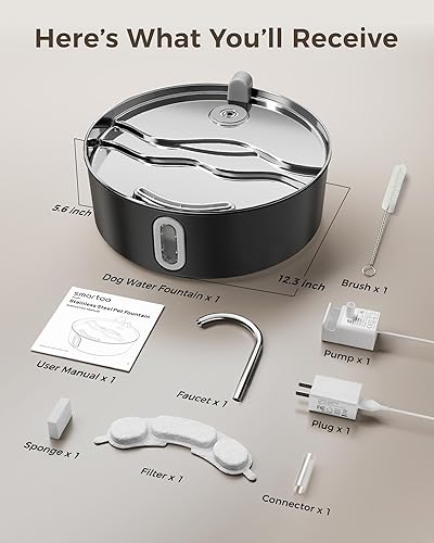 Miniatura 7 de Fuente de agua de acero inoxidable para perros, fuente de agua para gatos con filtros de repuesto, ideal para perros grandes, gatos y hogar con