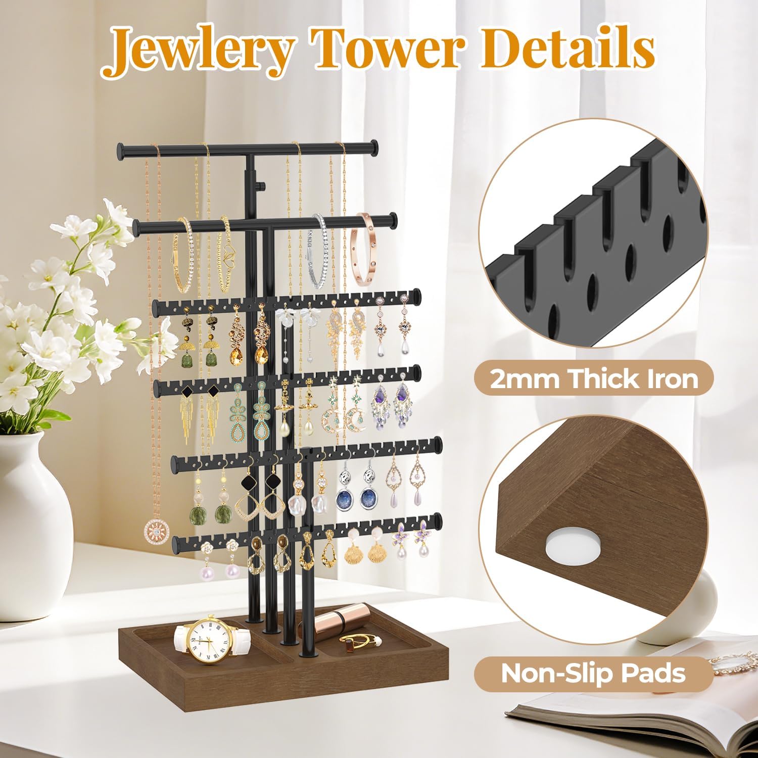EsLuker.ly Necklace Earring Holder Organizer Display, Adjustable Jewelry Tree Stand with Stable Wooden Storage Base for Women Vendors, 6 Tier Large Bracelet Bangle Rack Tower, Stress-Free Mornings