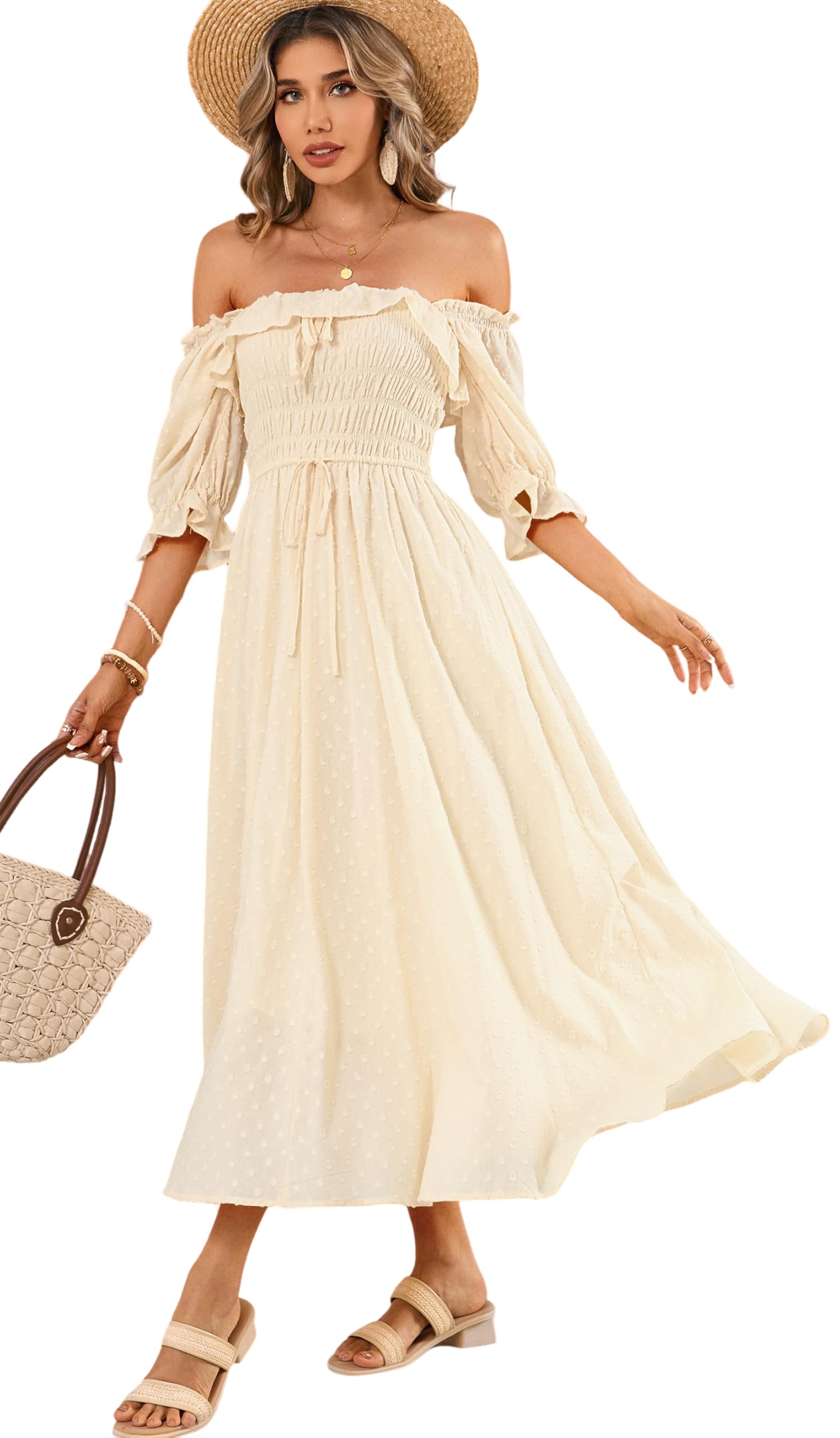 R.Vivimos Donne Abito Casual Bohémien Mezza Manica Scollo Quadrato Vestito Lungo Midi Elegante da Spiaggia