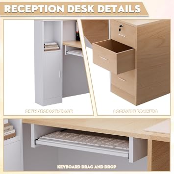 L-Shaped Large Wooden Reception Desk, Modern Front Desk Reception Counter with Lockable Drawers & Storage & Keyboard Tray, for Checkout, Lobby (Right-Natural Wood/White, 71''L x 42''W x 41''H)