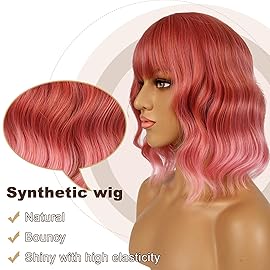 LANCAINI Short Bob Wigs with Bangs for Women Loose Wavy Wig Curly Wavy Shoulder Length Bob Synthetic Cosplay Wig for Girl Colorful Costume Wigs (Dark Pastel Pink)