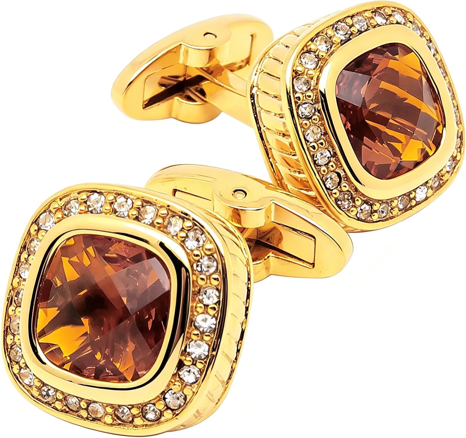 14K Gold Plated Brown Gem Stone Cufflinks for Men with Gift Case | Handmade Square Wedding Mens Crystal Cuff Links for French Shirt Party Formal Casual Anniversary Dress, Easy to Put On