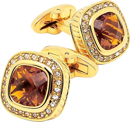 14K Gold Plated Brown Gem Stone Cufflinks for Men with Gift Case | Handmade Square Wedding Mens Crystal Cuff Links for French Shirt Party Formal Casual Anniversary Dress, Easy to Put On