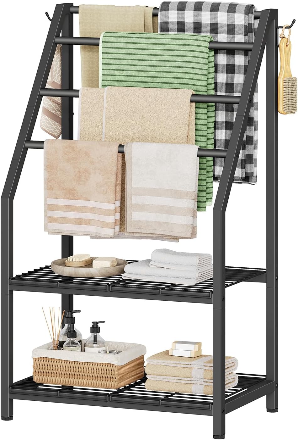 HOOBRO Free Standing Towel Rack with 4 Bars and 2 Mesh Shelves, 40" H Towel Holder Stand for Bathroom, Pool Towel Rack Outdoor, Industrial Style and Blanket Display Rack with Shelf, Black BK15LB01