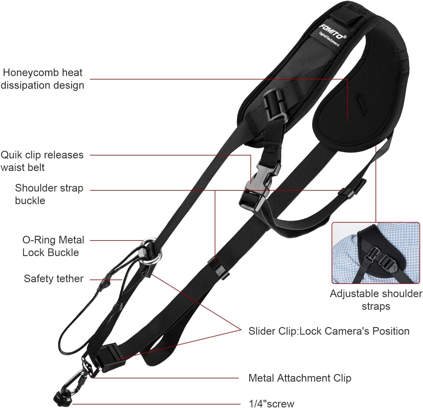 FOMITO JD-F1 Single-Shoulder Camera Strap with Quick-Release Buckle and Safety Cord, Suitable for Nikon, Canon, Sony and Olympus DSLR Cameras, Black