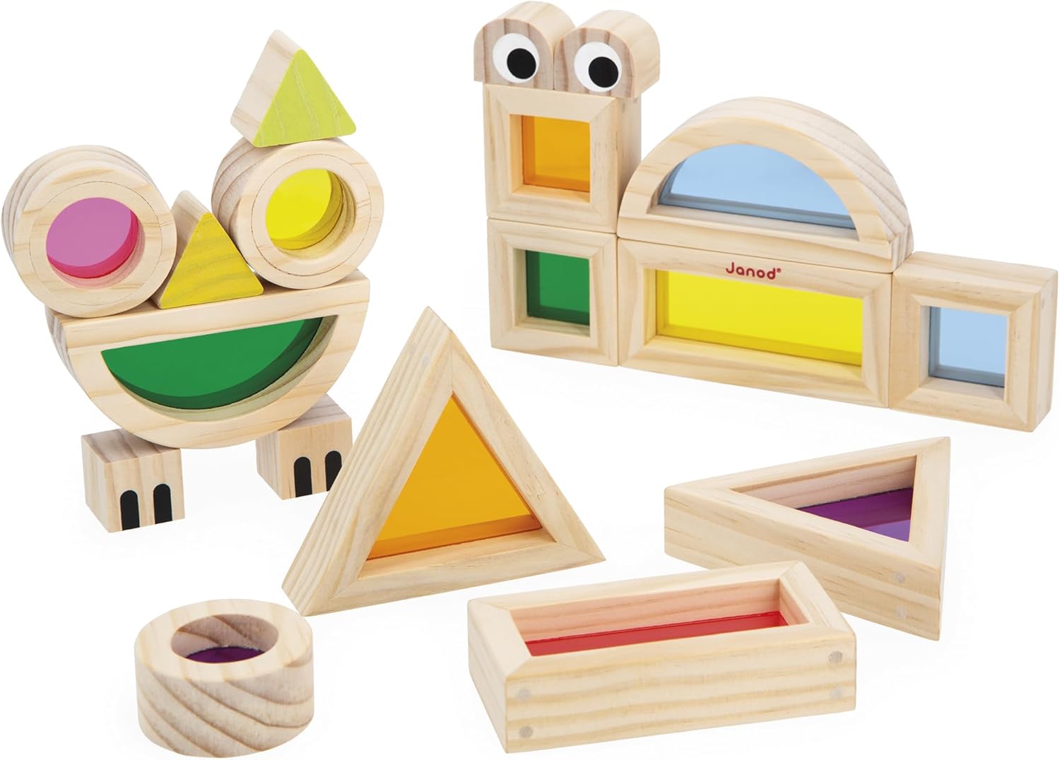 Janod - Wooden Assembly Blocks - Sensory Development Game - 18 Blocks and 6 Model Cards - Learning Shapes and Colors - Develops Fine Motor Skills - Wooden Toy - from 12 Months - J05306