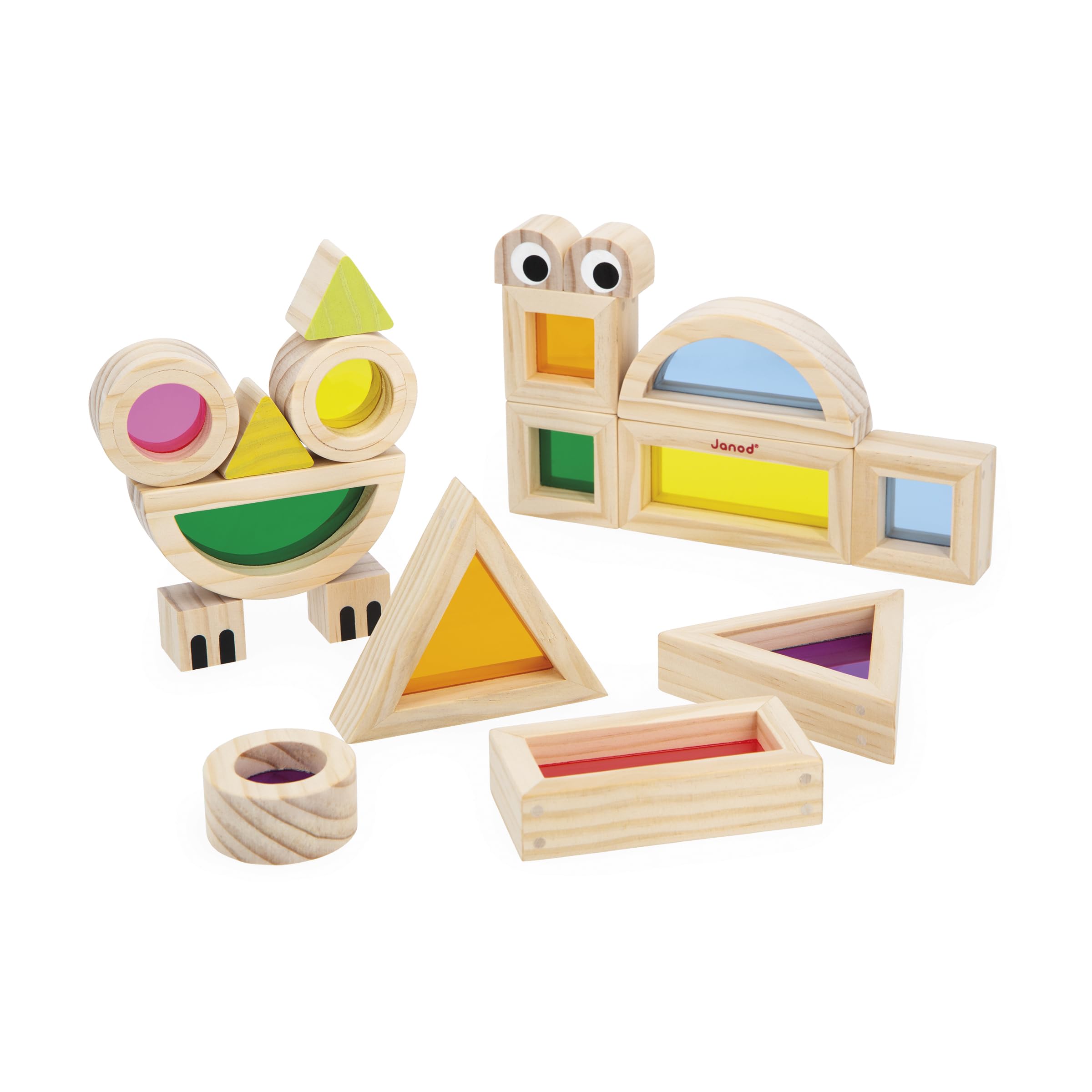 Janod, Wooden Building Blocks, Sensory Awakening Game, 18 Blocks and 6 Model Cards, Learning Shapes and Colours