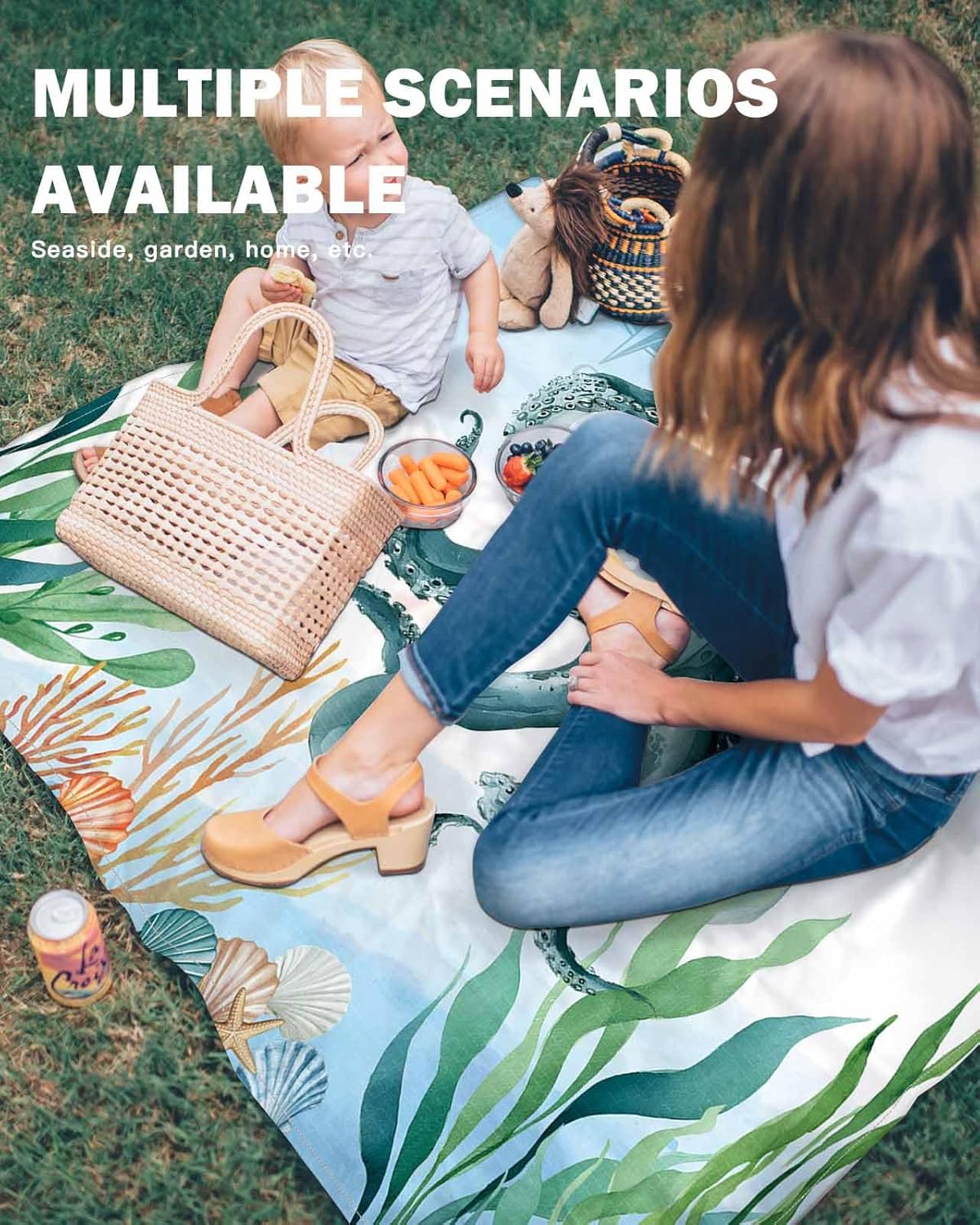 Ocea Life Octopus with Compass Starfish Beach Blanket Extra Large 118x108in Outdoor Waterproof Sandproof Picnic Blankets with Stakes Lightweight Beach Mat for Camping Travel Hiking,Seaweed