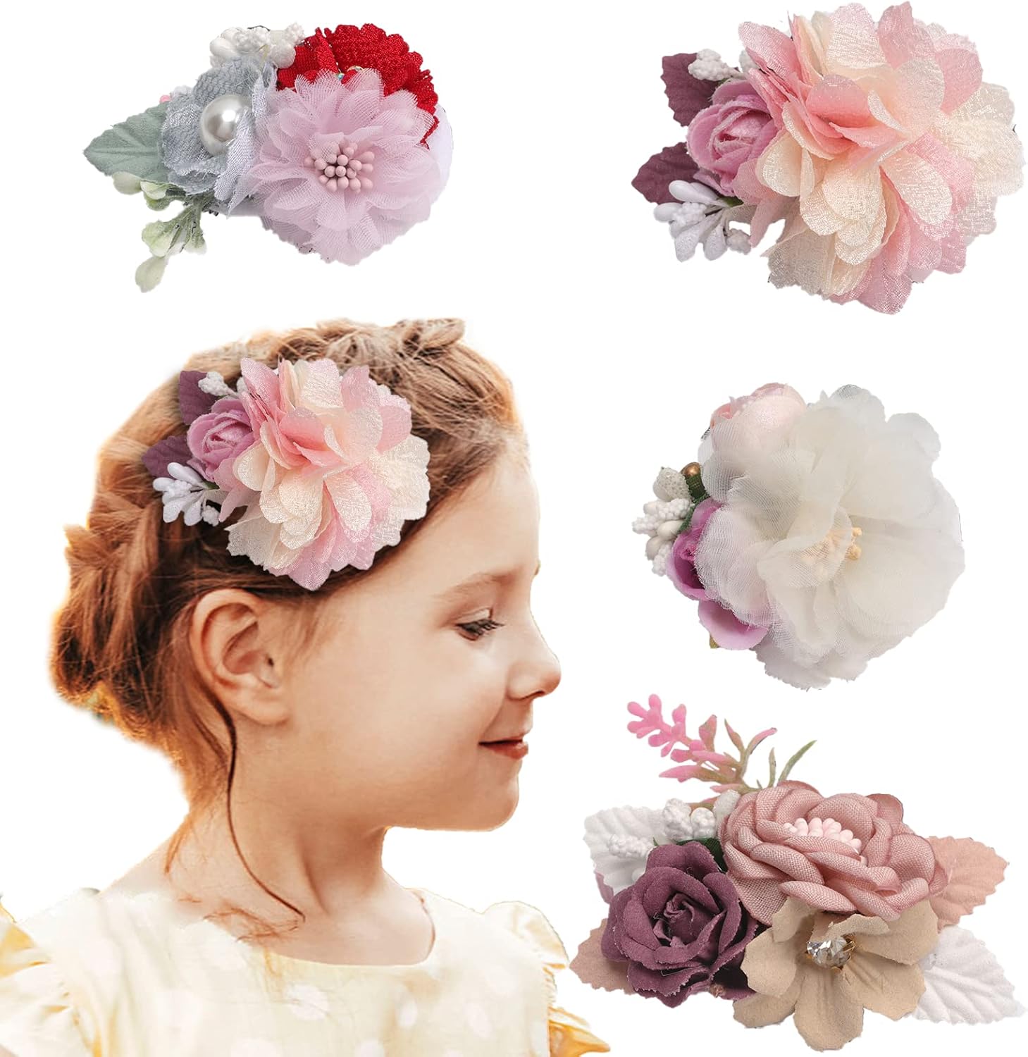 4 Pieces Flora Hair Clips for Baby Girls 3 Inch Artificial Flower