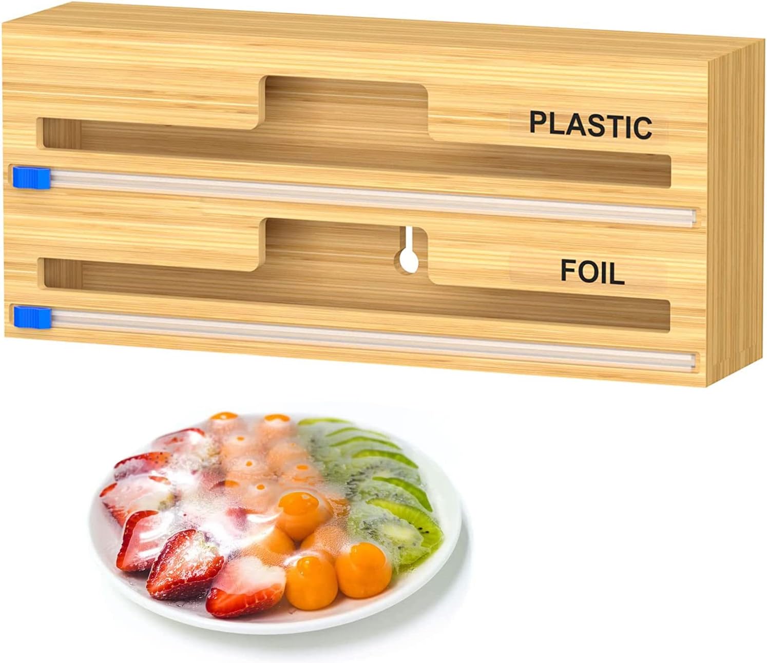 Angju 2 in 1 Bamboo Wrap Dispenser, Foil Dispenser with Slide Cutter and Labels, Aluminum Foil and Wax Paper Organizer Holder for Kitchen Drawer
