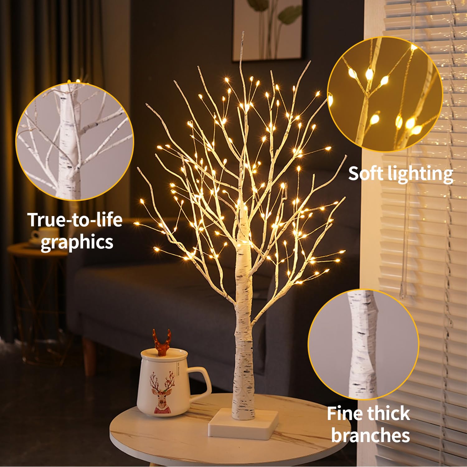 Árbol de Abedul para Interior con 144 Leds Blanco Cálido, USB Arbol Luces Ajustable Luces Ramita Funciona con Pilas Arbol de Navidad con Luces para Navidad Pascua Fiesta Decoración Interior(Abedul)