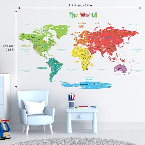 Miniatura 5 de DECOWALL SG-1902s - Calcomanías de pared de mapa del mundo educativo grandes, calcomanías coloridas extraíbles para niños, guardería, dormitorio,