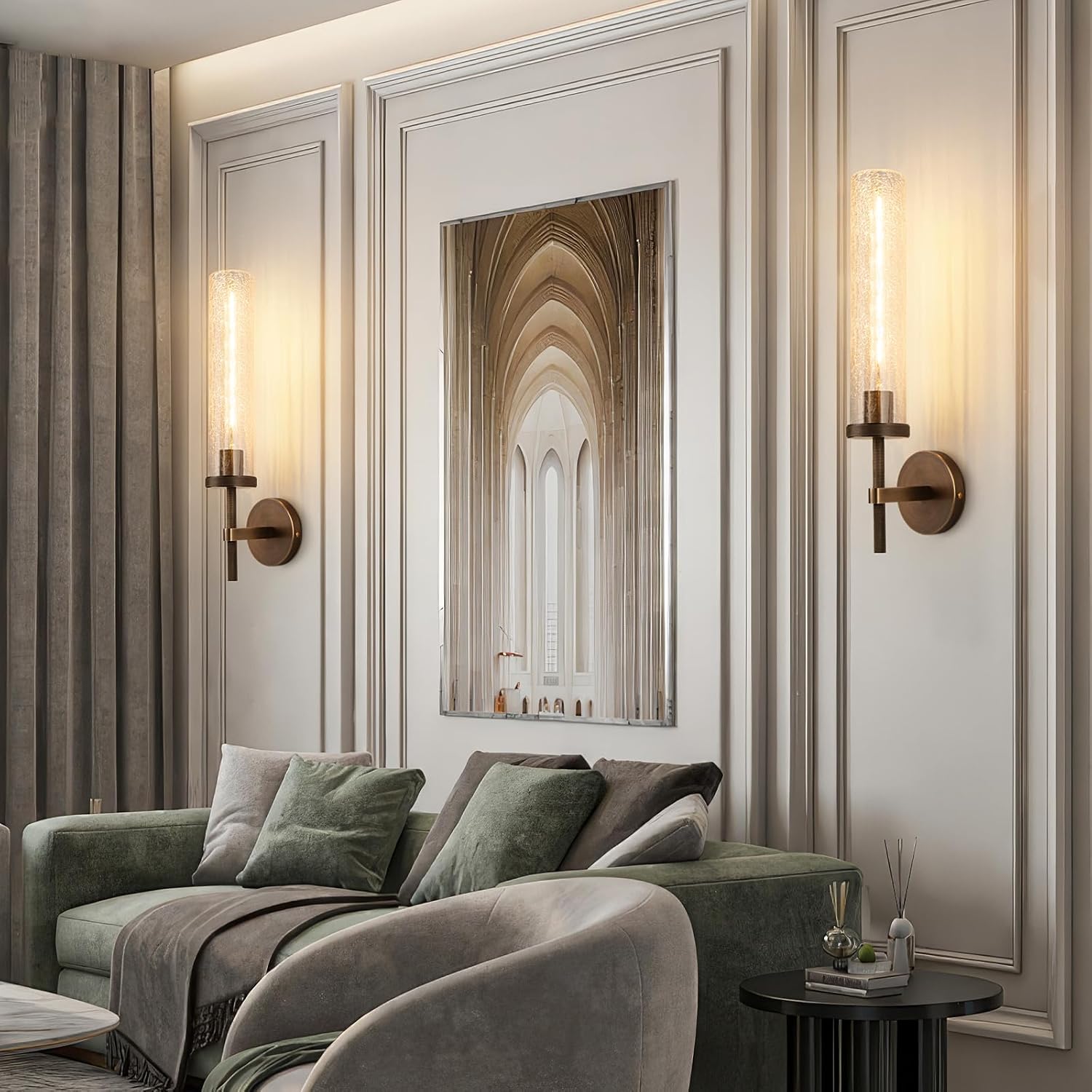 19.5" Knurled Brass Wall Sconces Set of 2, Bronze Bathroom Vanity Light Fixtures with Crackle Glass Tube, Modern Lamp Lighting for Bedroom, Living Room, Hallway, Staircase, Mirror, Kitchen
