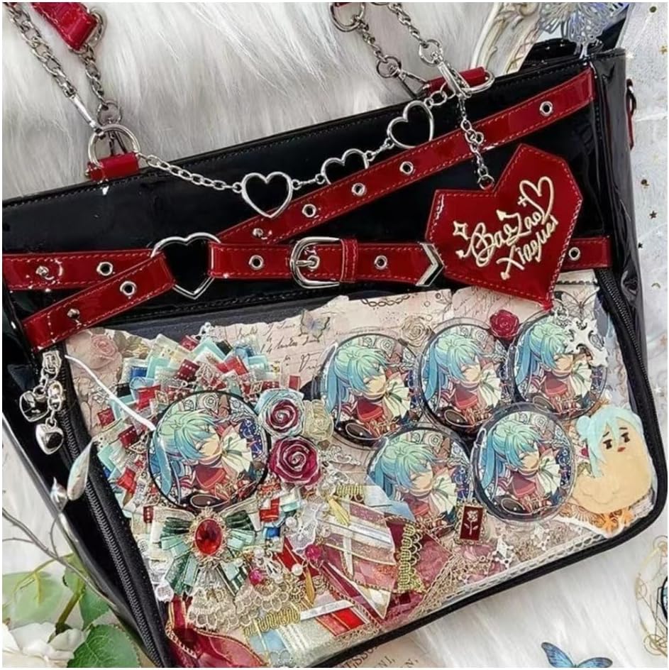 Love-Chains Ita Bag Pins Display Single Shoulder Crossbody Bag PU Leather Big Capacity Handbag Chain Clear Purse with Insert (Black) - Image 5