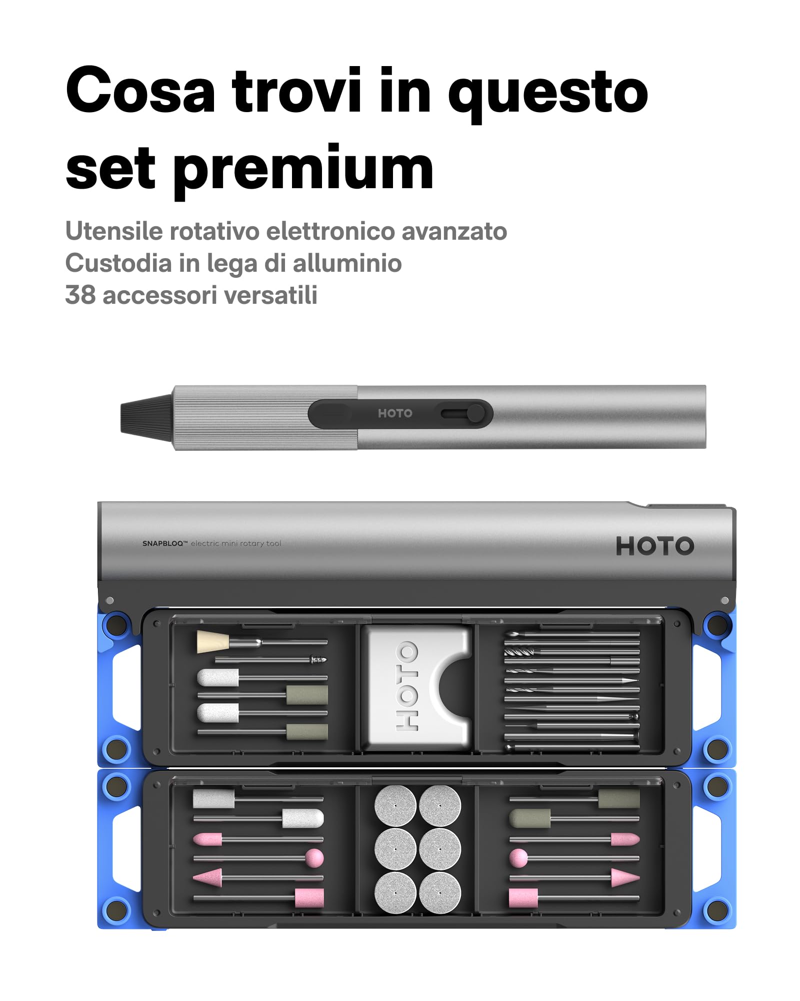 HOTO SNAPBLOQ™ R-A04 Utensile Rotante Multifunzione, Mini Trapano Senza Fili con 38 Accessori, 22000 RPM Variabili, Penna per Incisione per Levigatura, Lucidatura, Foratura, Intaglio 3D e Fai-da-Te