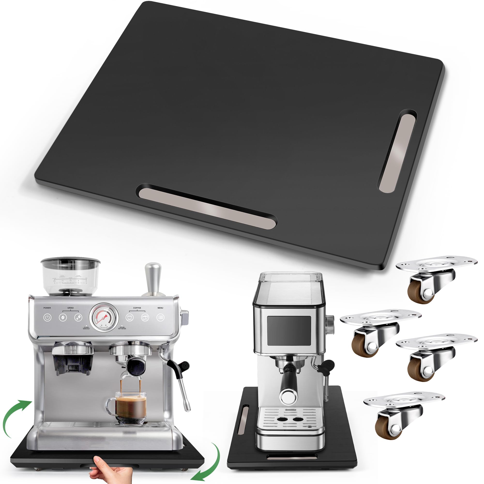 Joy&Grace Appliance Slider for Kitchen Appliances 360° Rolling Sliding Tray for Coffee Maker Countertop, Bamboo Coffee Pot Slider Rolling Tray with Universal Rollers (Black, Large 16"x13")