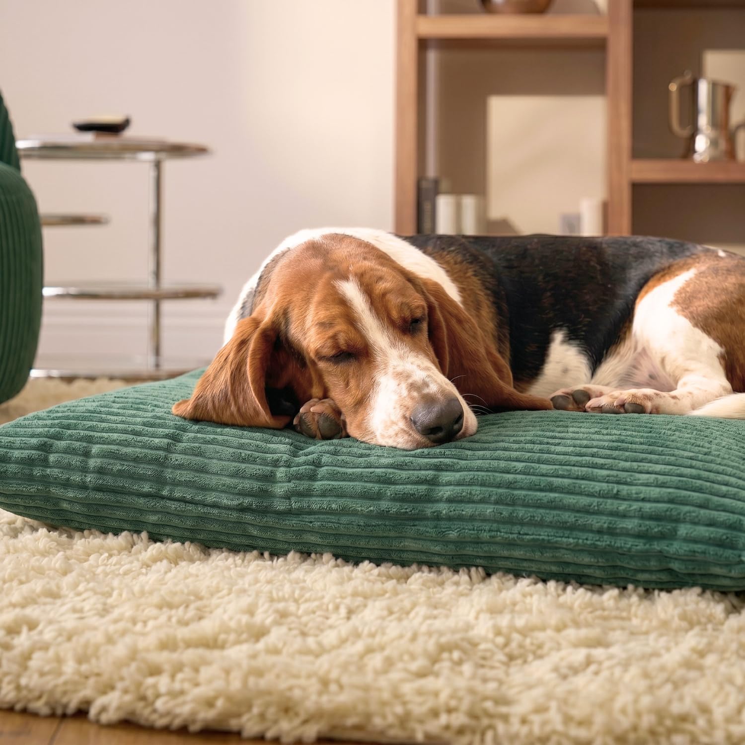 4L Textil ZOE Cojín para Perros Mullido de Pana, con Funda y Cremallera, Cómodo y Lavable (100x80 cm, Verde(Rayas)) | 100 x 80 cm | verde | funda extraíble | con cremallera | lavable a máquina