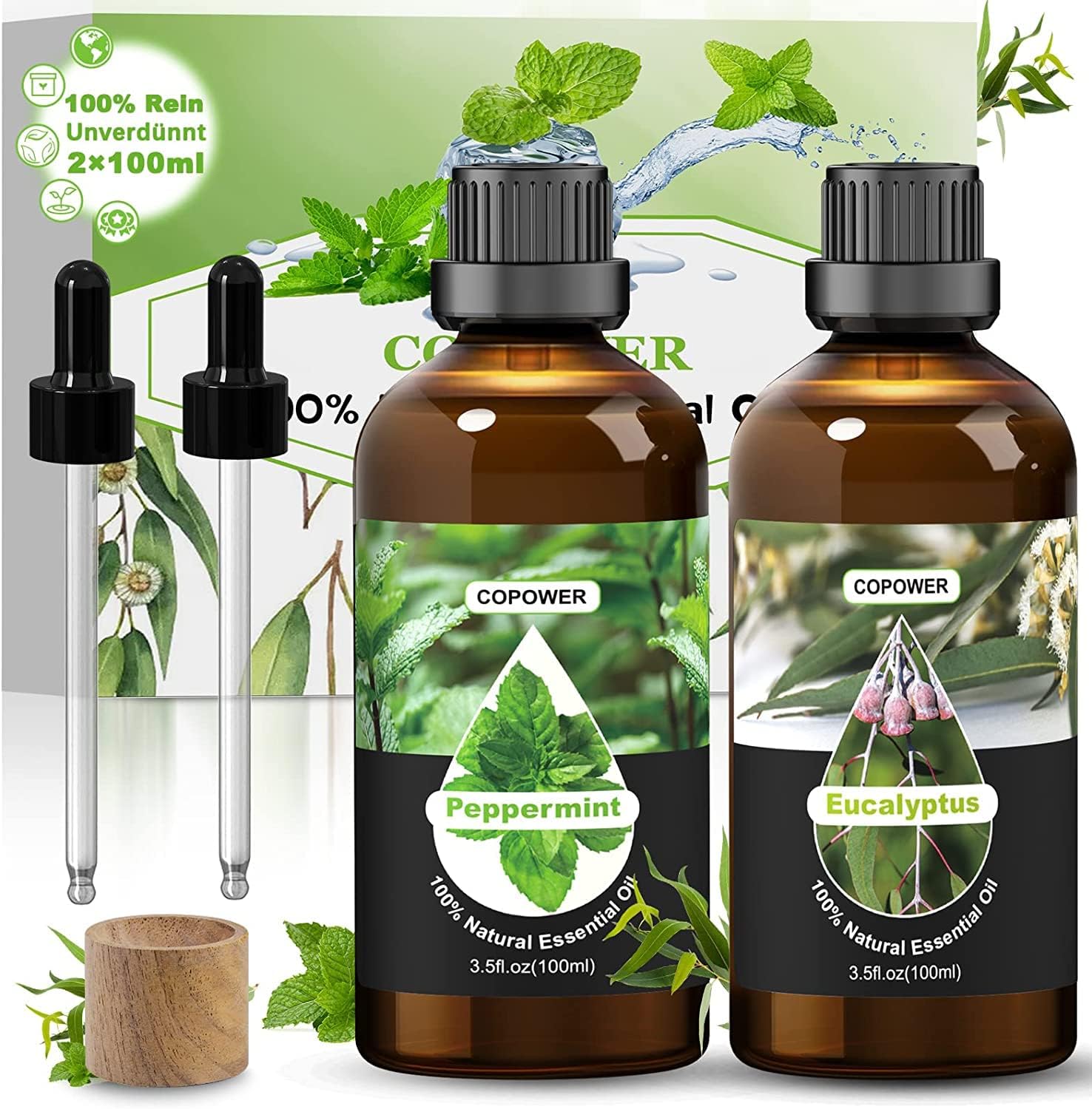 Pure Mint Essential Oil and Eucalyptus Oil Set, 2 x 100 ml Eucalyptus Essential Oil, 100% Natural Therapeutic Grade Oil Essential Oils for Skin, Humidifier